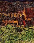 Egon Schiele Canvas Paintings - Meadow Church and Houses